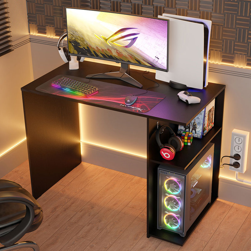 Gaming Computer Desk 39 inch with 2 Shelves and Headphone Hanger Wooden Sturdy Home Office Table for Kids and Adults Latitude Run Color Black